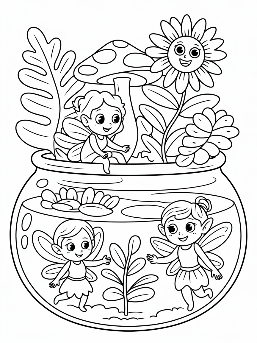 Inside a terrarium if cool plants and fairies - Free Coloring Page