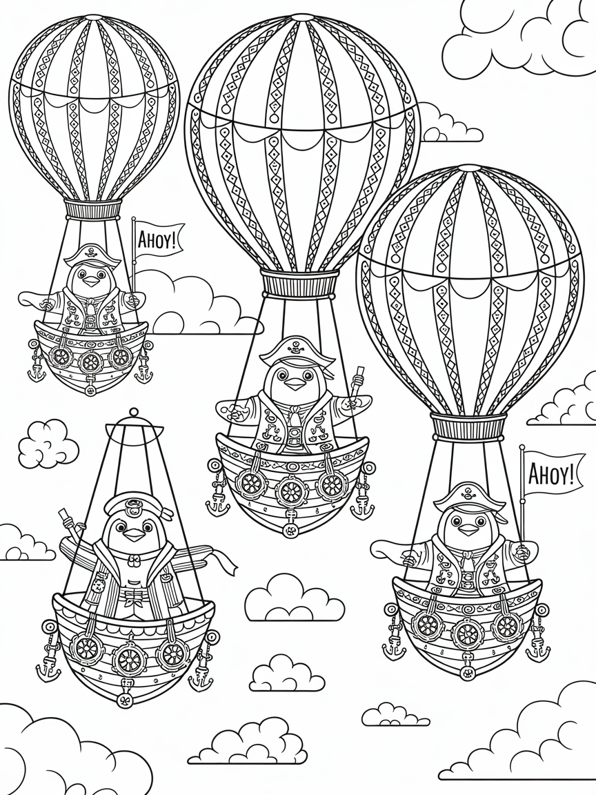 Pirate penguins sailing on balloons - Free Coloring Page