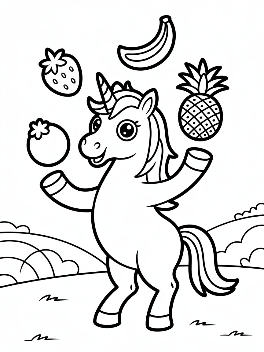 Unicorn juggling rainbow fruits - Free Coloring Page