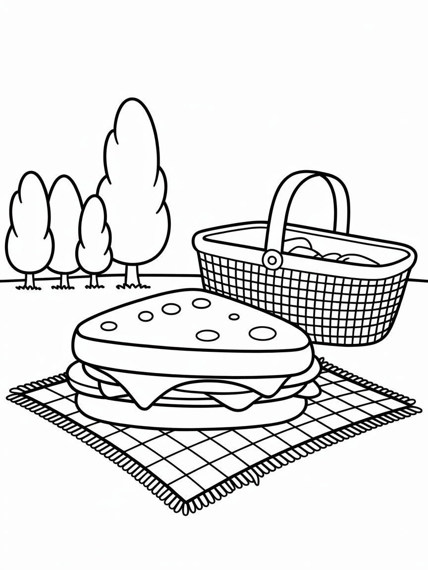 Create a cheese sandwich on a picnic blanket with a picnic basket and trees in the background n the - Free Coloring Page
