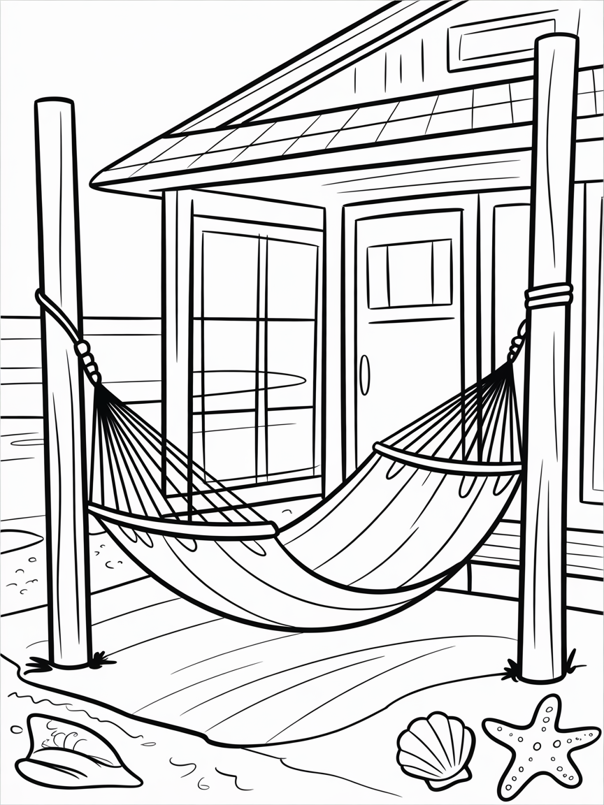 Summer hammock in beach house - Free Coloring Page
