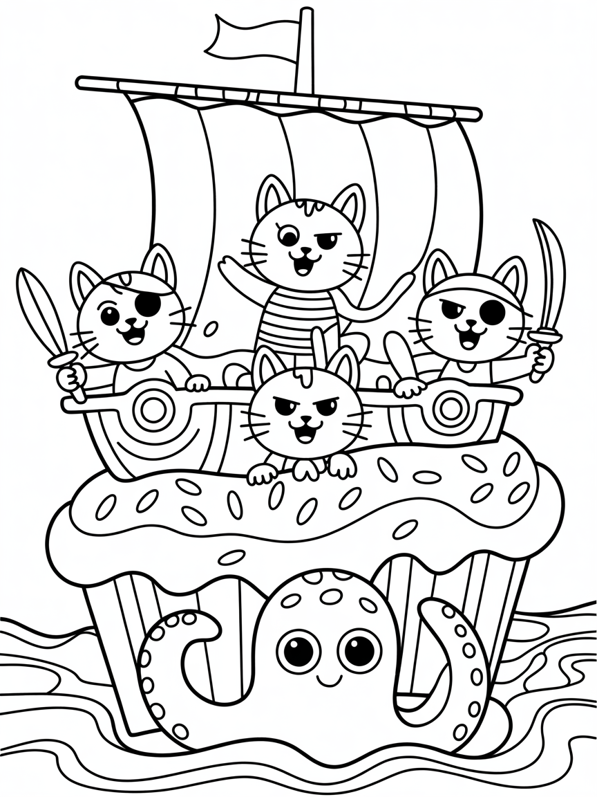Pirate cats sailing on a cupcake ship - Free Coloring Page
