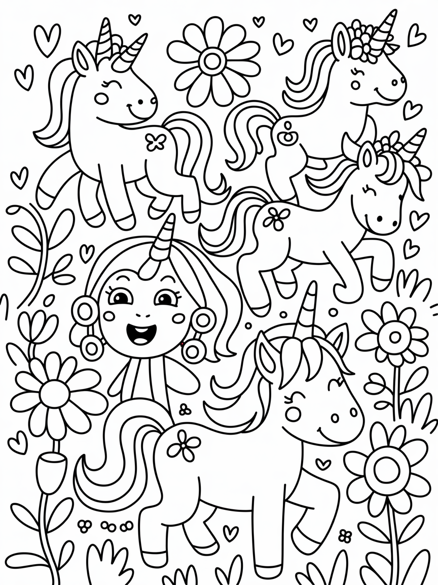 Unicorns flowers love hearts girls - Free Coloring Page