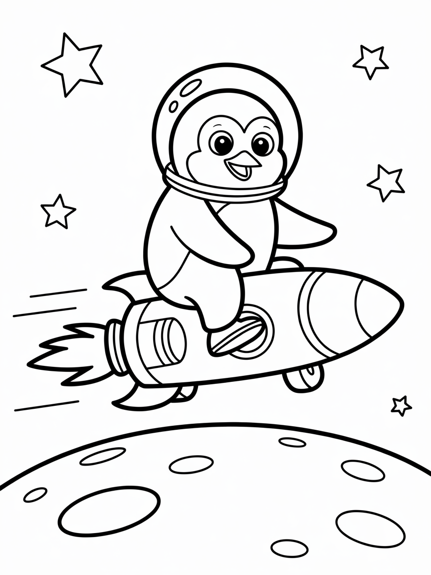 Space penguin on a rocket skateboard - Free Coloring Page