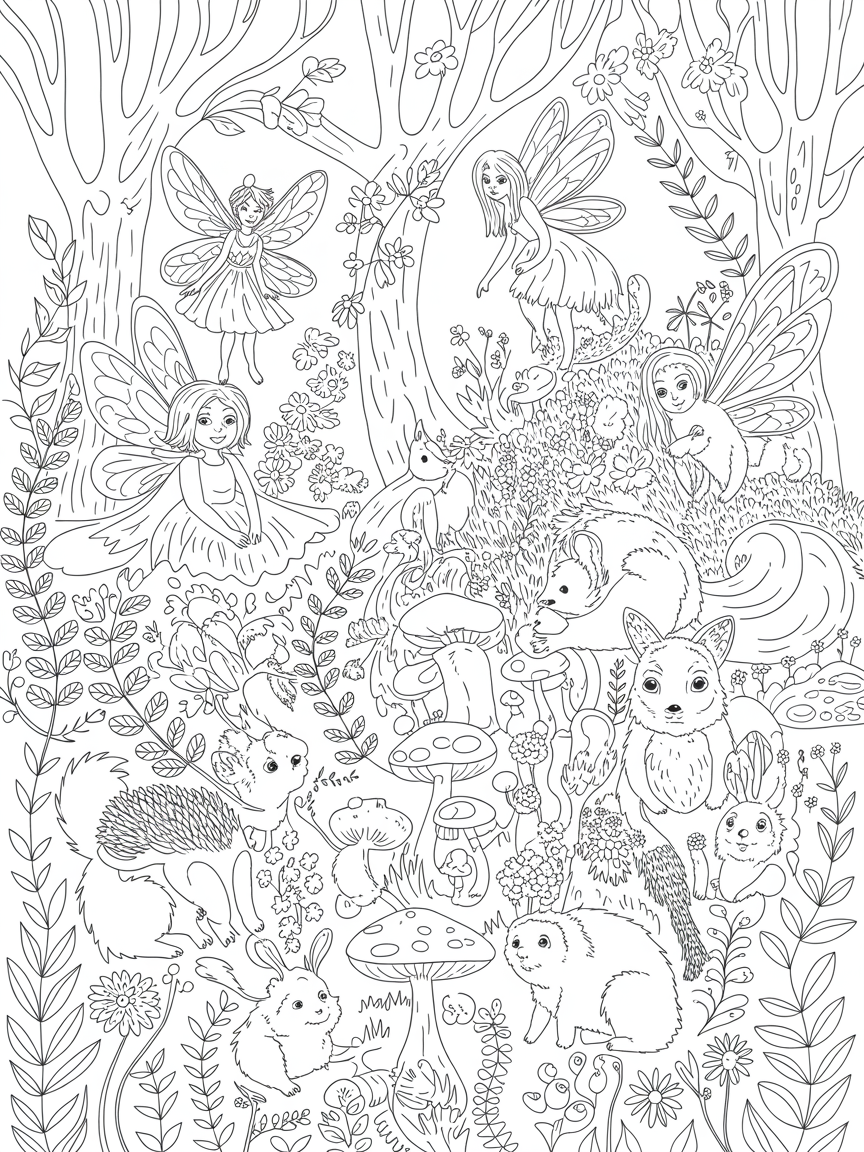Fairies and furry friends in woodland - Free Coloring Page