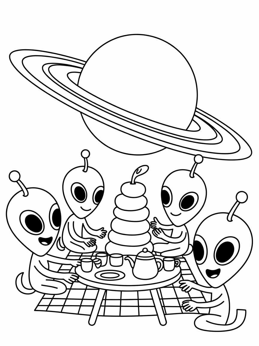Alien picnic on Saturn's rings - Free Coloring Page