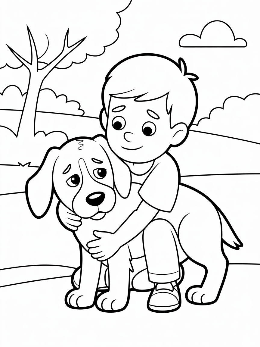 A ten year old boy rescues a sick dog holding the dog gently in his arms - Free Coloring Page