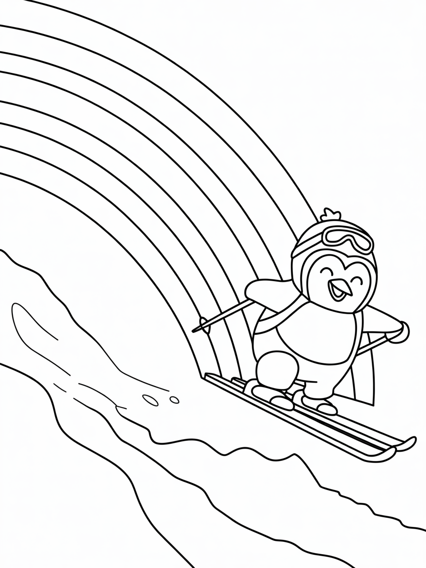 A penguin skiing down a rainbow - Free Coloring Page