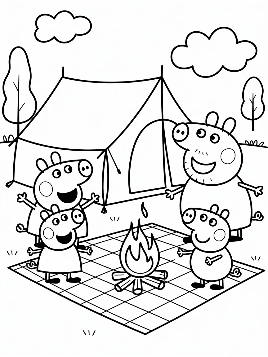Peppa pig on a Camping - Free Coloring Page