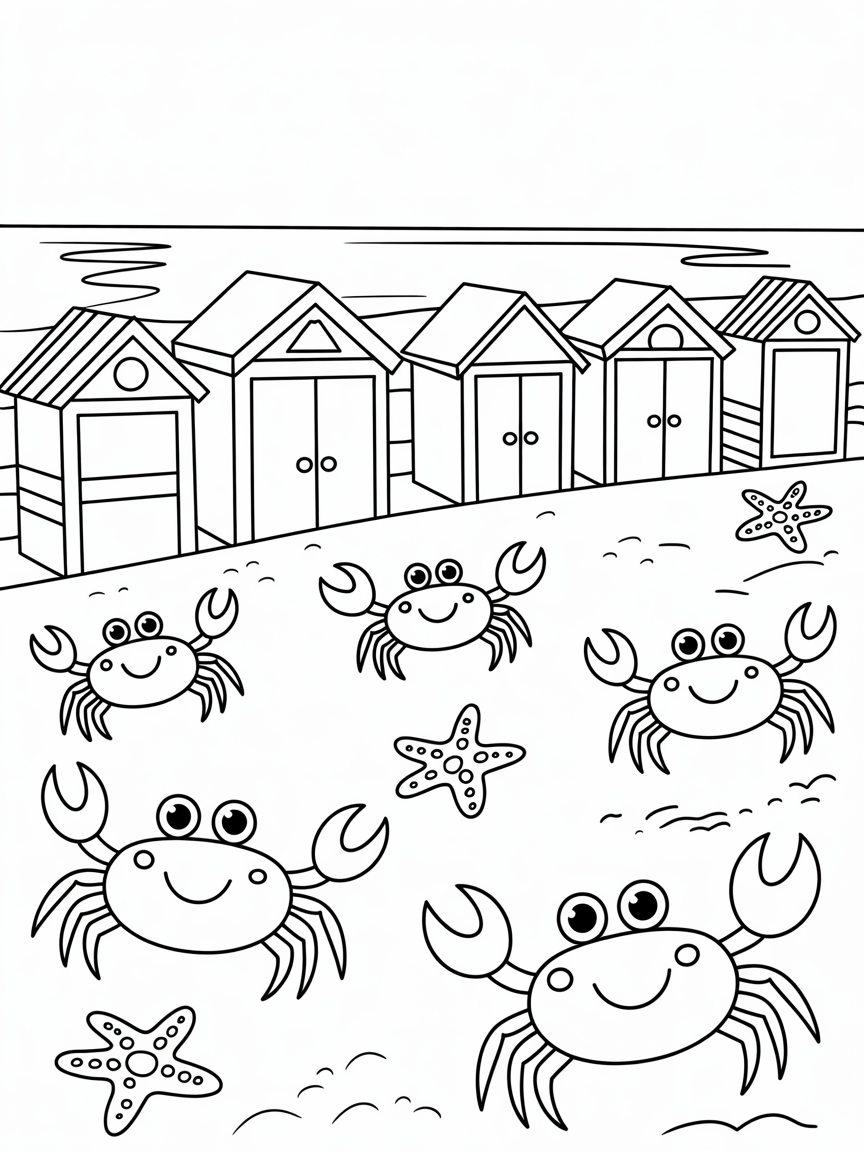 Beach huts sand starfish and crabs - Free Coloring Page