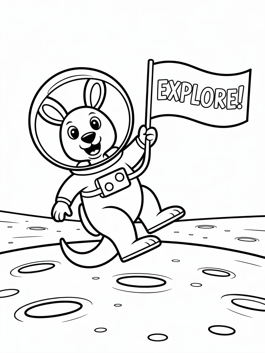Kangaroo astronaut bouncing on the moon - Free Coloring Page