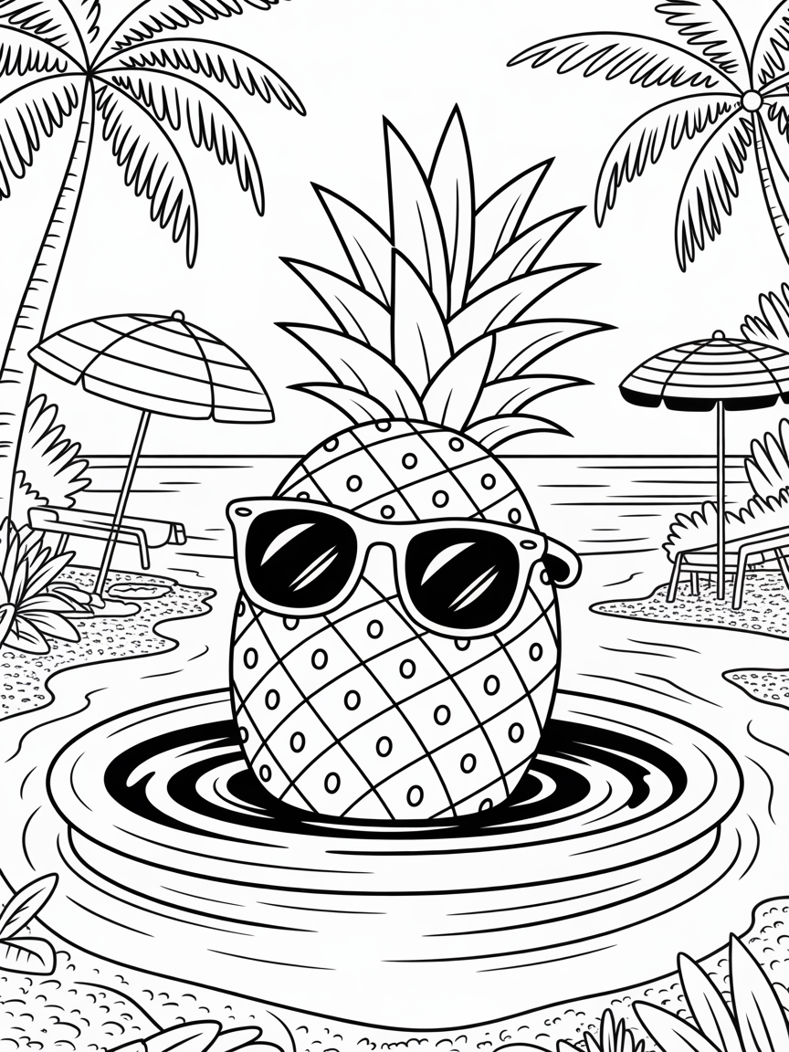 Pineapple pool bathing sun - Free Coloring Page
