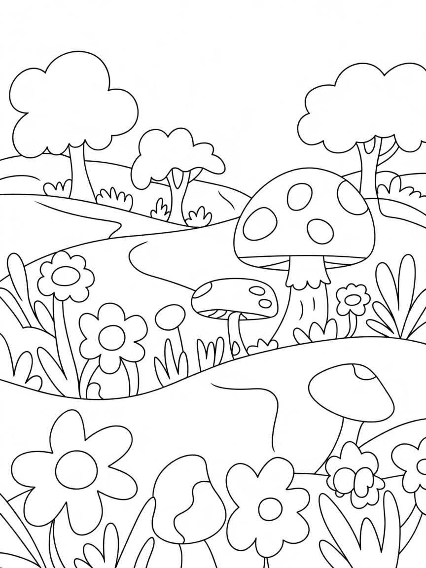Woodland forrest with cozy flowers and mushrooms - Free Coloring Page