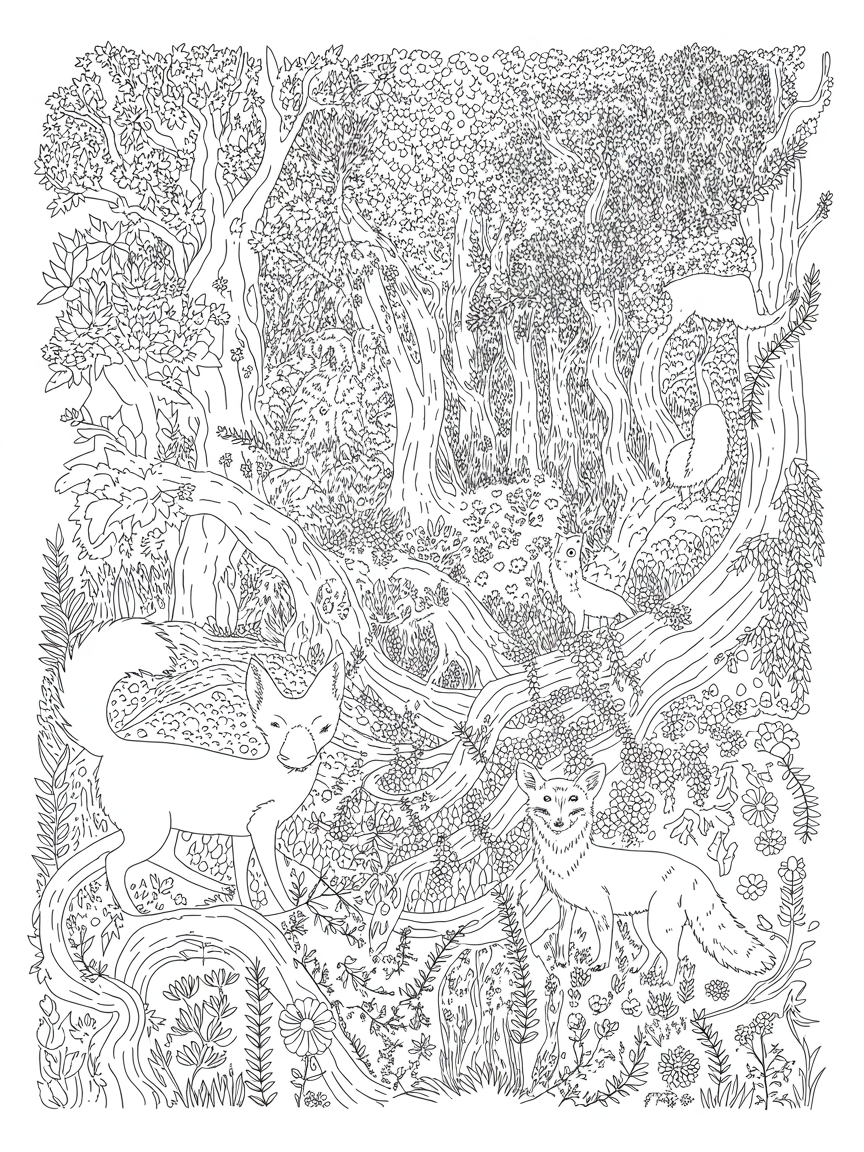 Woodland trees and animals - Free Coloring Page