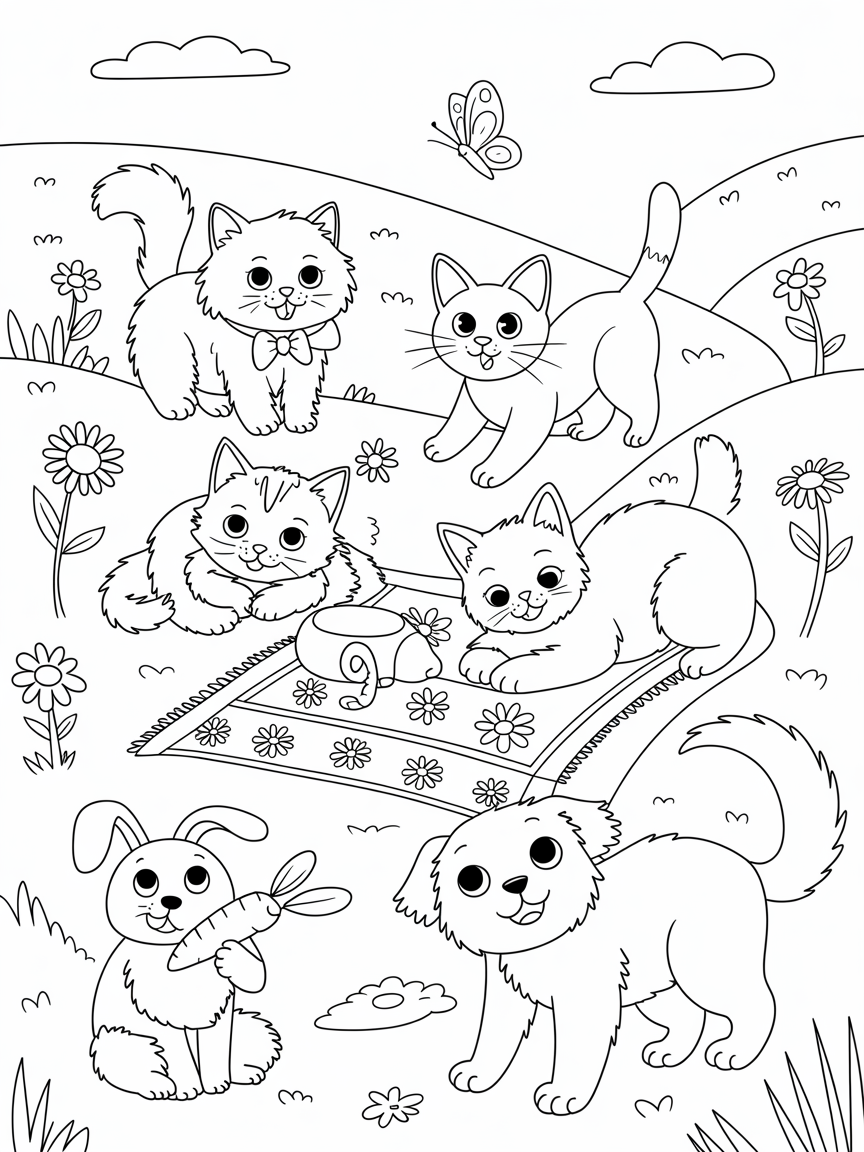 Cats and friends - Free Coloring Page