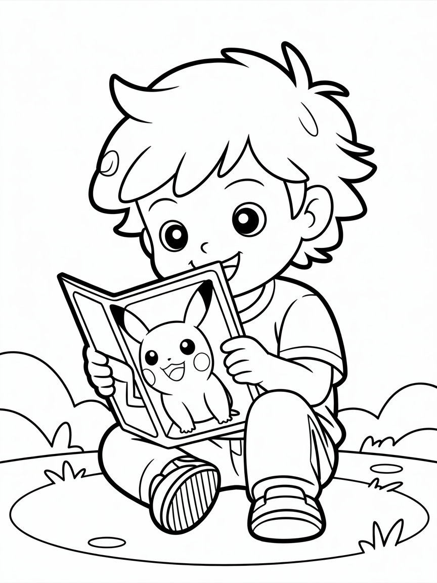 Little boy with half long hair playing with pokemon card - Free Coloring Page