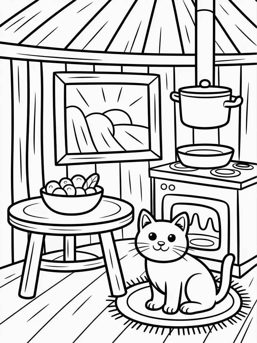 Kitchen in a hut - Free Coloring Page