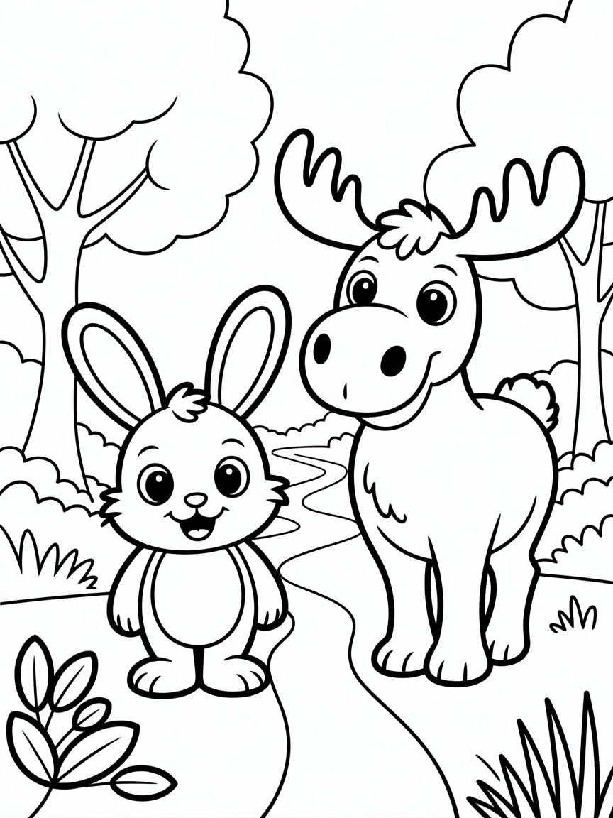 Bunny and moose cuteness forest - Free Coloring Page