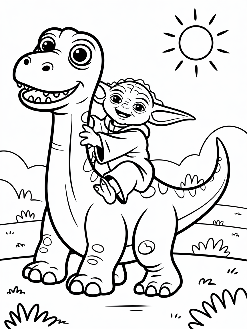 Yoda riding a dinosaur - Free Coloring Page