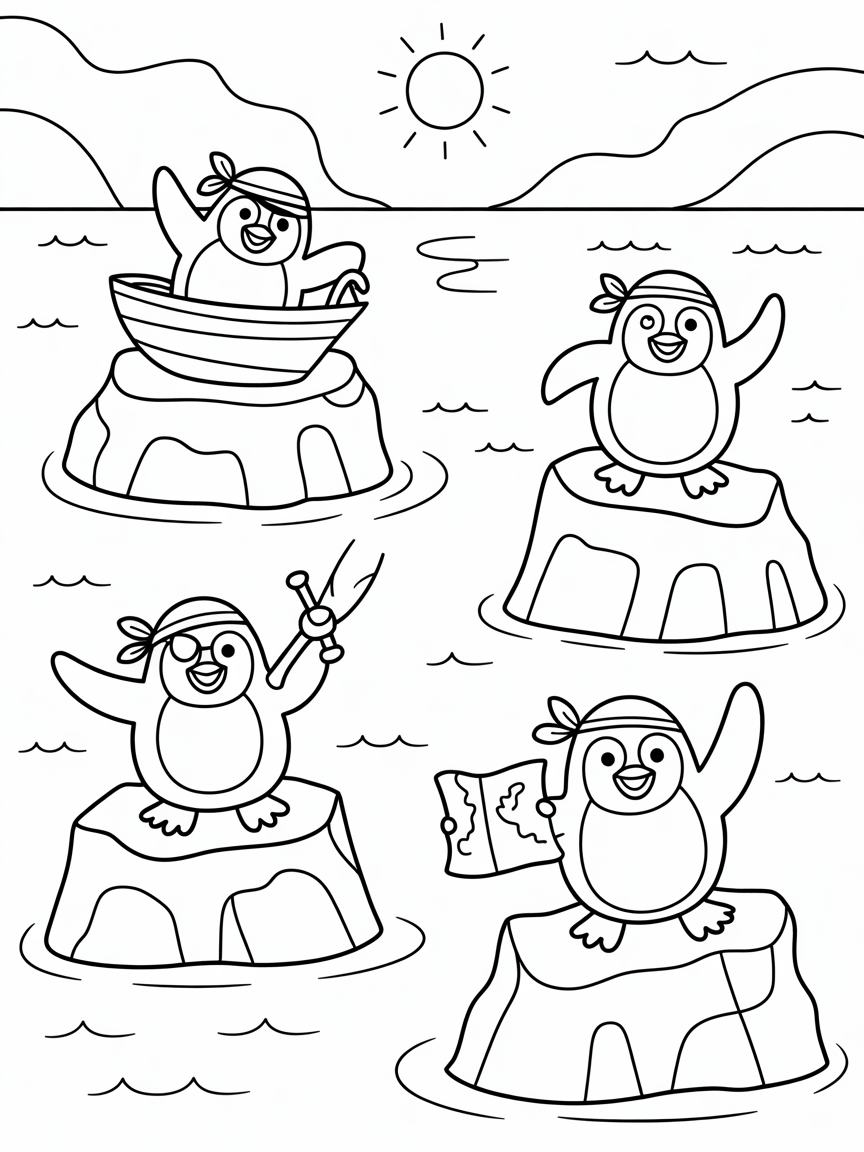 Pirate penguins sailing icebergs - Free Coloring Page