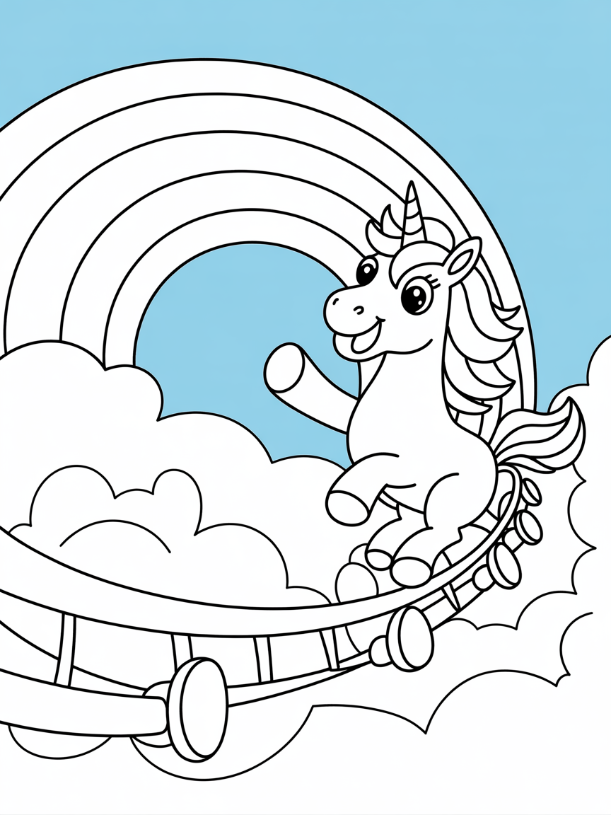 Unicorn riding a rainbow rollercoaster - Free Coloring Page
