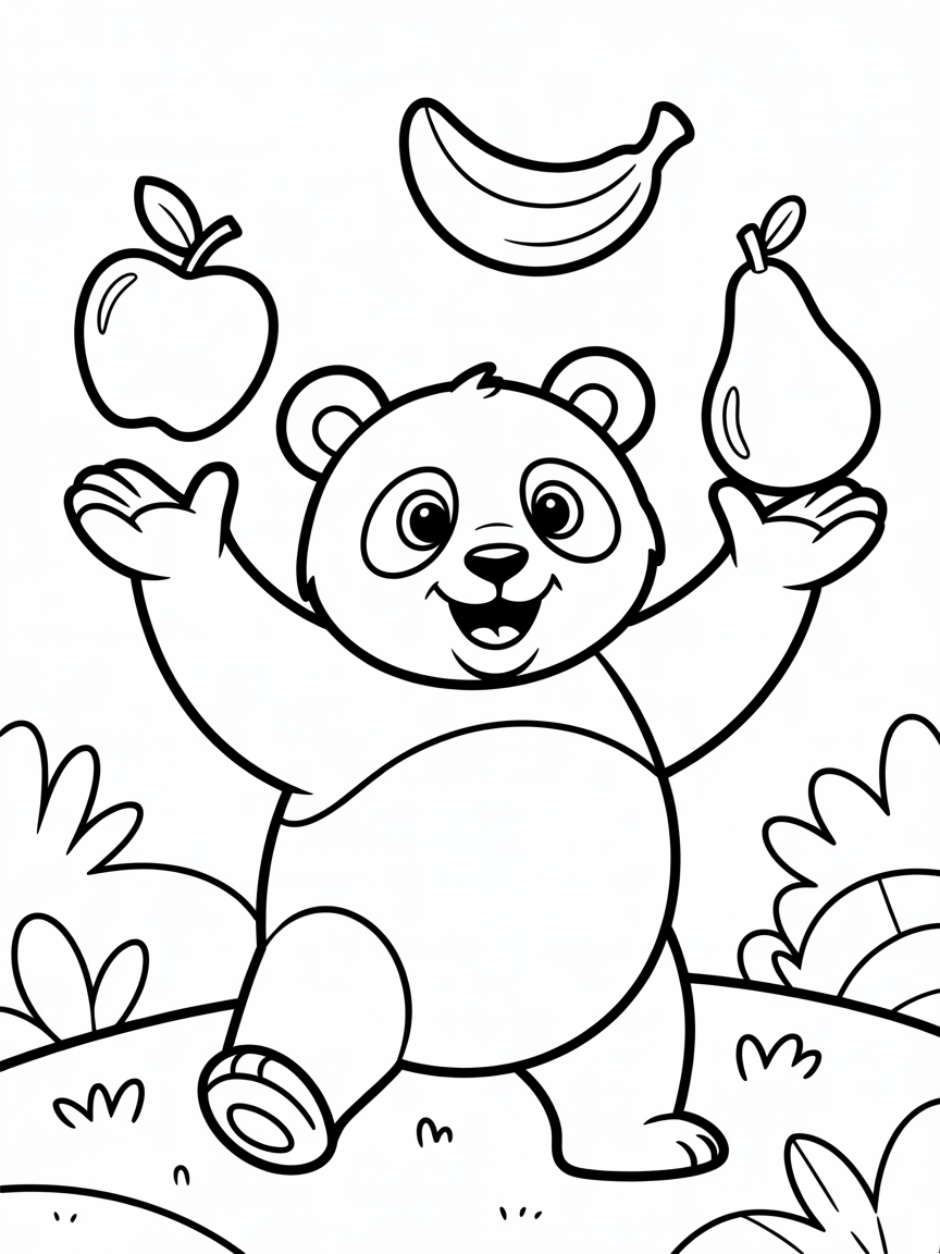 Panda juggling colorful fruit - Free Coloring Page