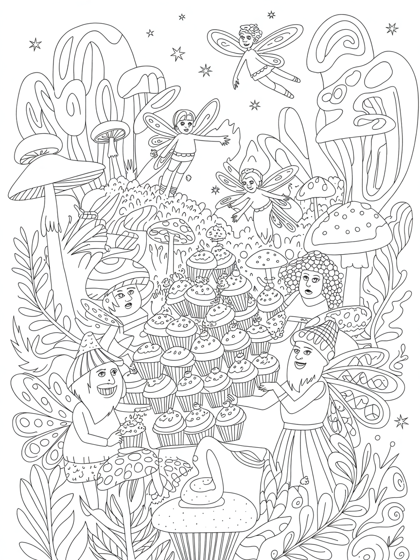Mushroom people managing flying fairies baking cupcakes - Free Coloring Page