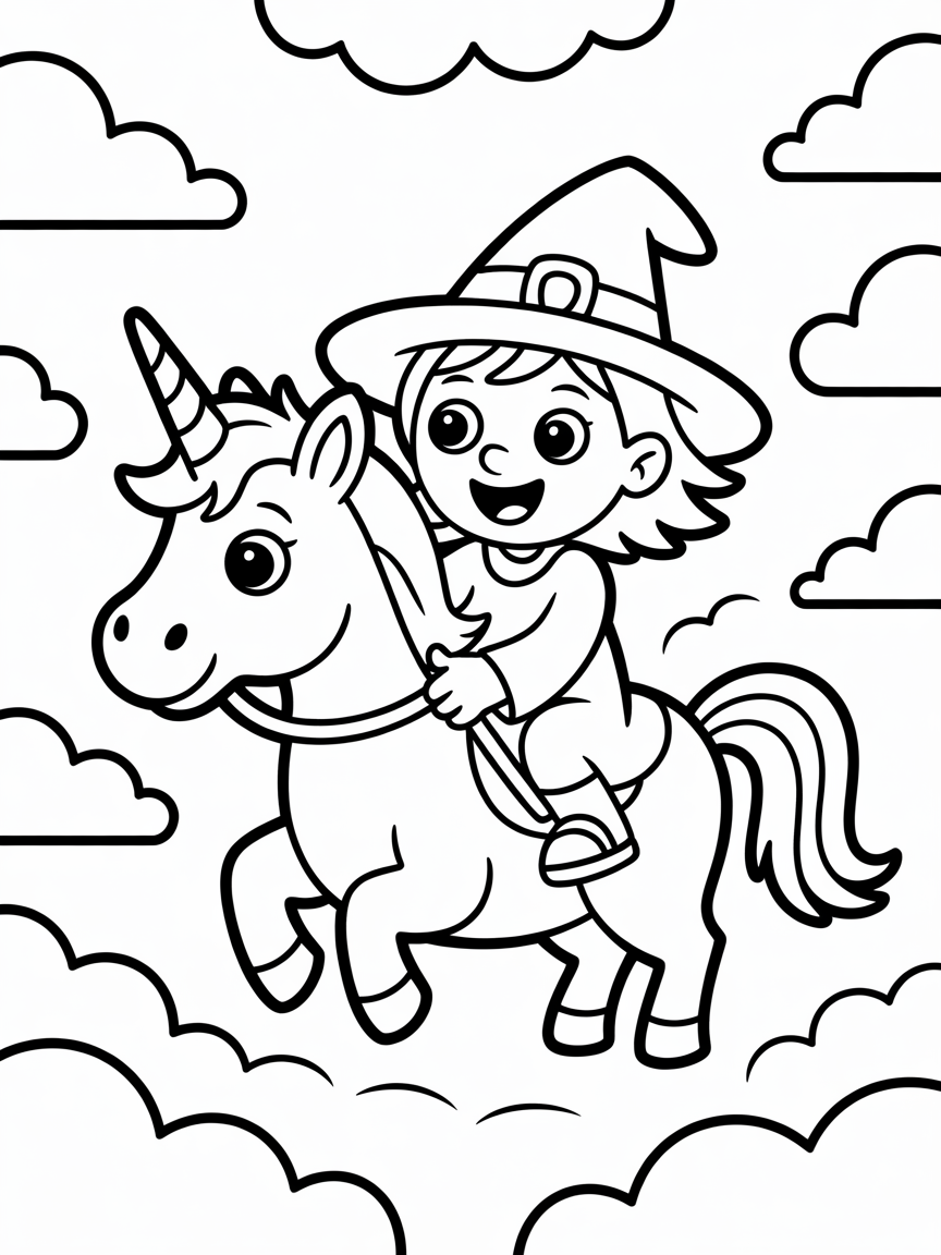 Witch flying on a unicorn - Free Coloring Page