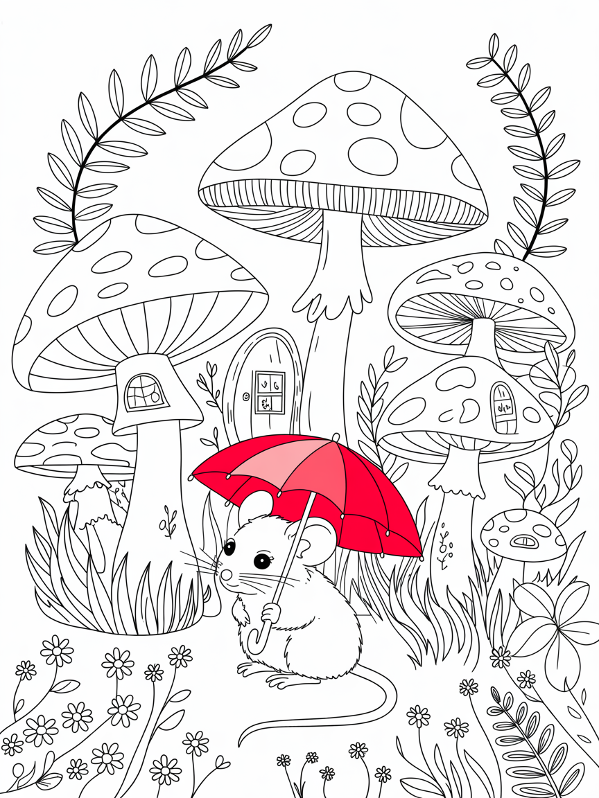 A little mouse with an umbrella in a woodland of toadstools. The toadstools have doors and windows in them. - Free Coloring Page