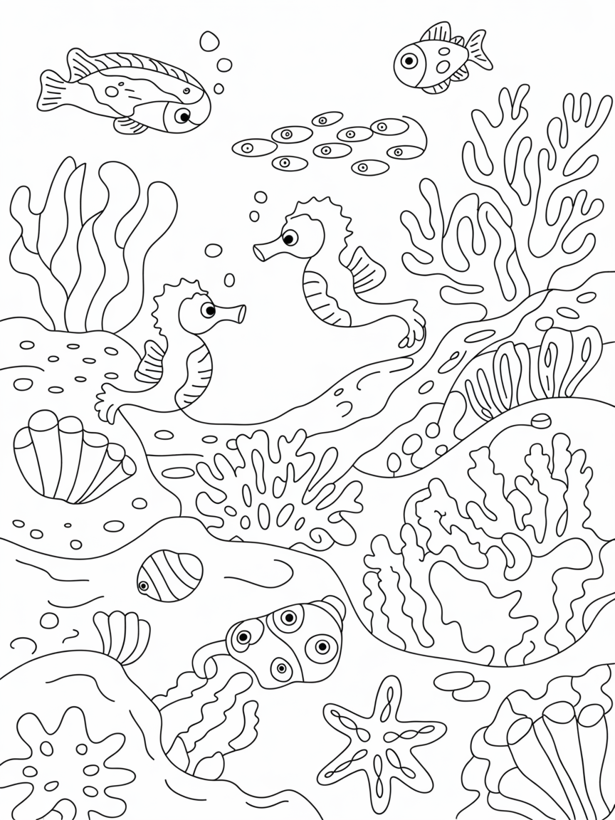 A underwater world, 2 green colored creatures diving happily, fishes and other creatures all around - Free Coloring Page