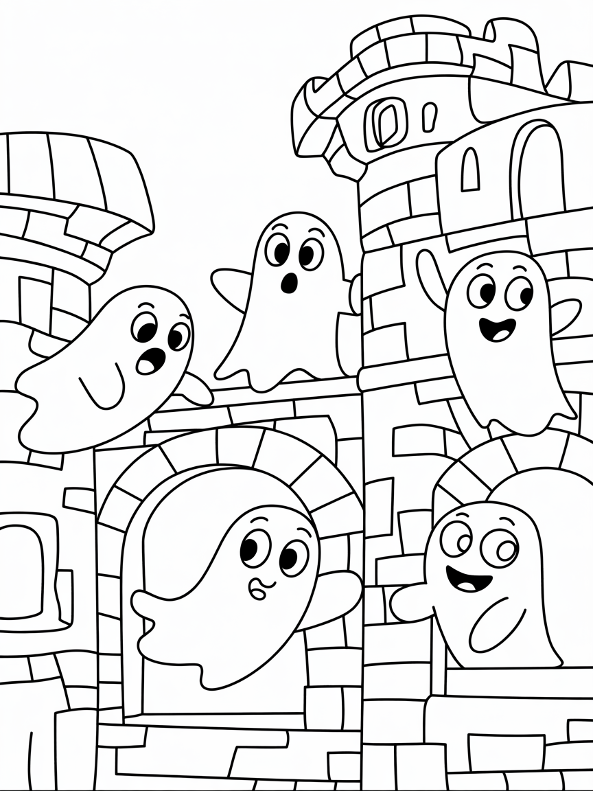Friendly ghosts playing hide and seek in a castle - Free Coloring Page
