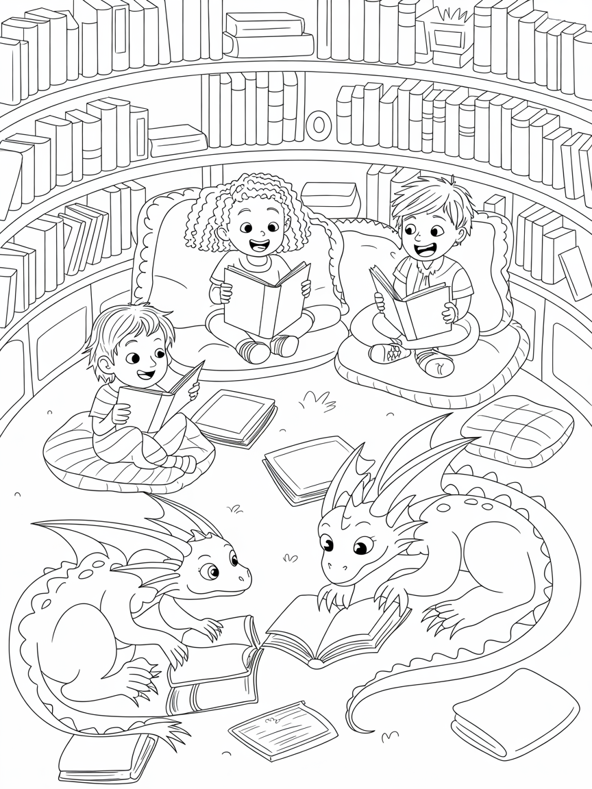 Children reading stories to dragons in a cozy library - Free Coloring Page