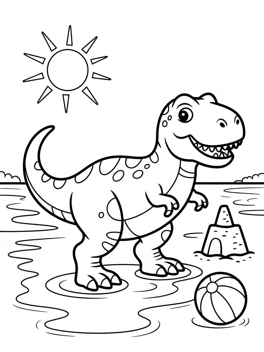 T-rex At The Beach - Free Coloring Page