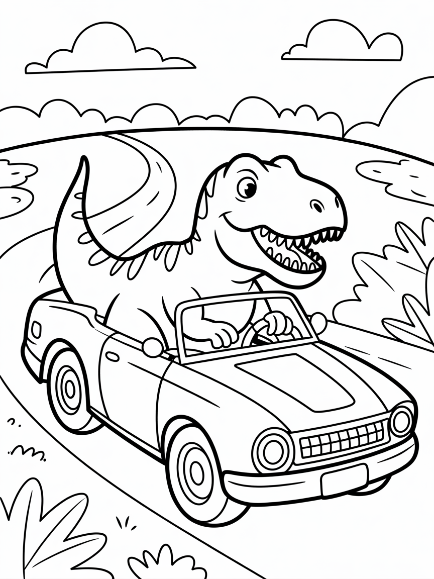 t-rex on a car - Free Coloring Page