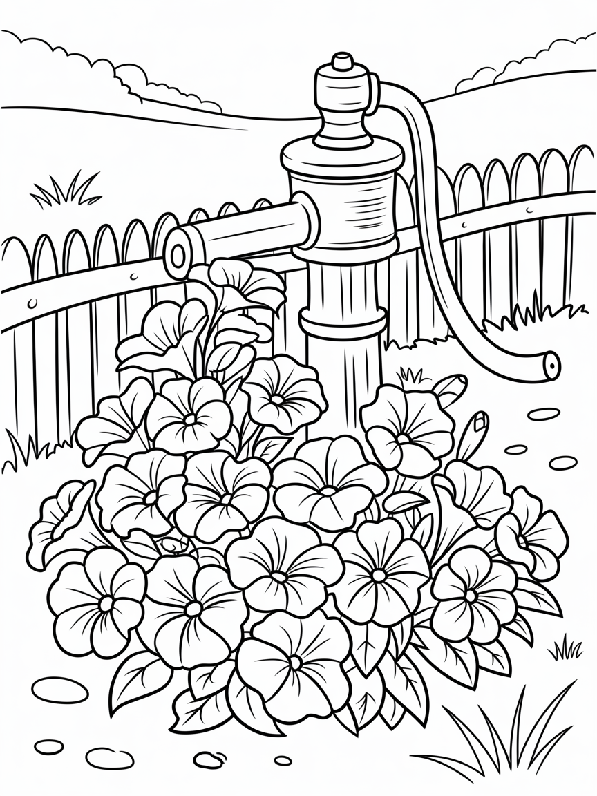 Petunias blooming around a charming old water pump - Free Coloring Page