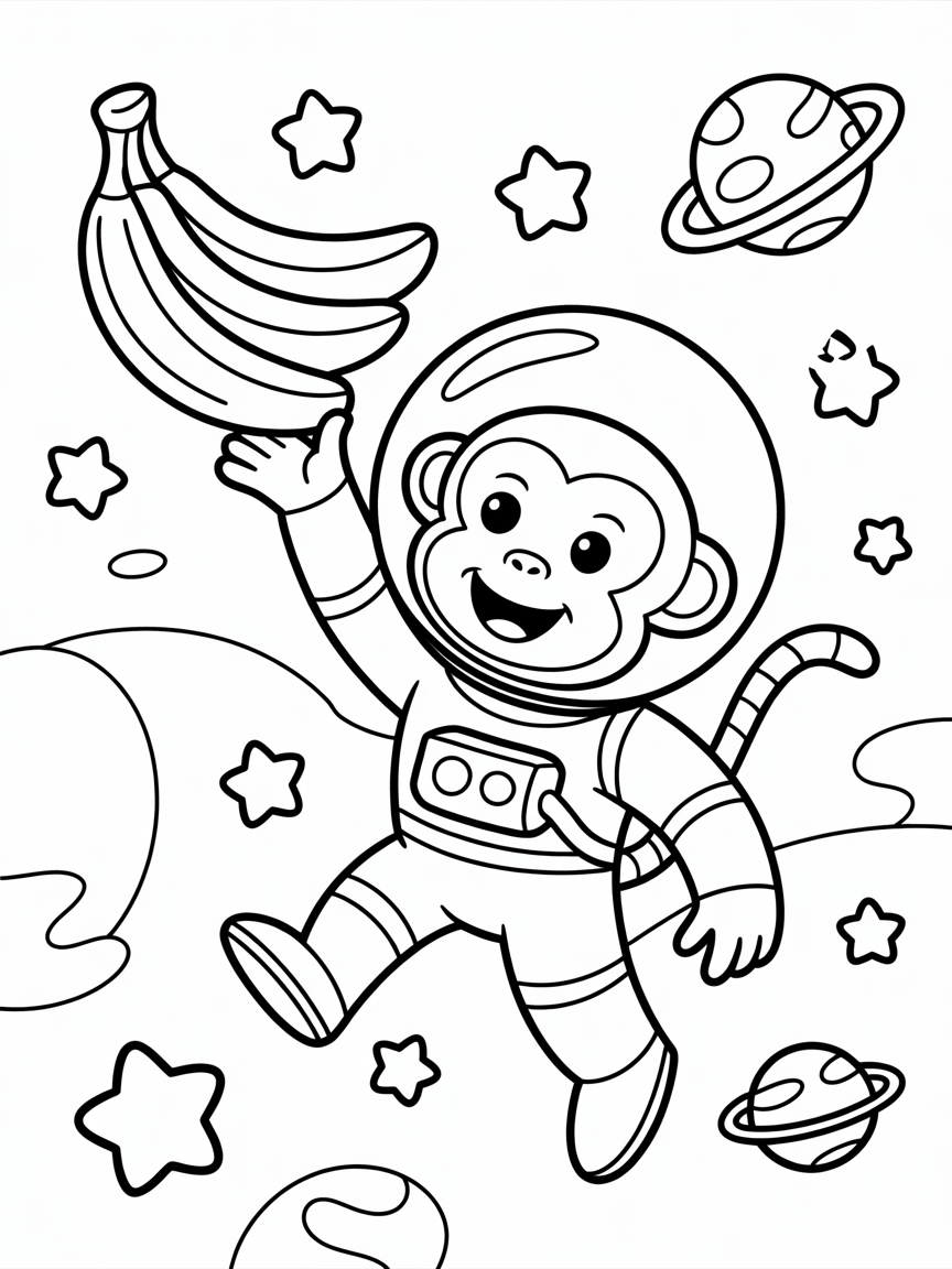 Space monkey collecting floating bananas - Free Coloring Page