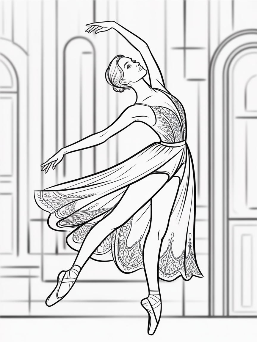 An elegant contemporary ballerina, realistic - Free Coloring Page
