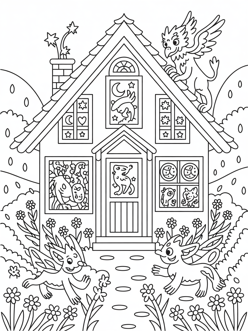 Magic and animals a pritty country cottage fantasy creatcher and beautiful symbols in stainless glass windows - Free Coloring Page
