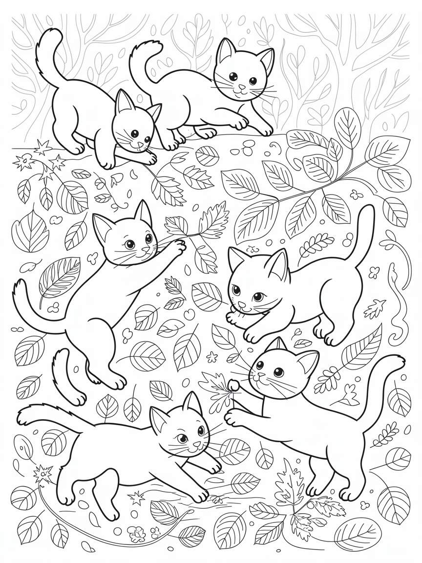 4 Black kittens playing with autumn leaves - Free Coloring Page