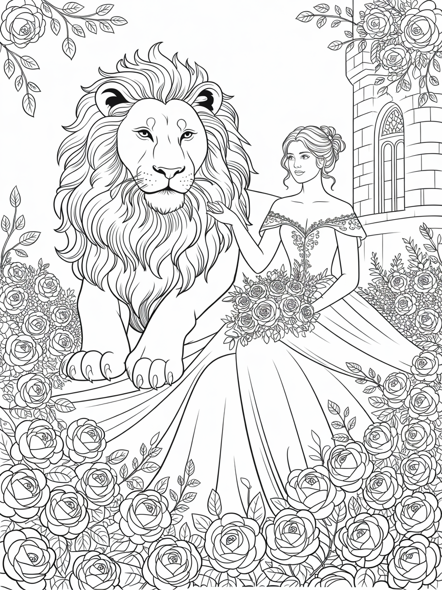 Castle lion and woman roses - Free Coloring Page