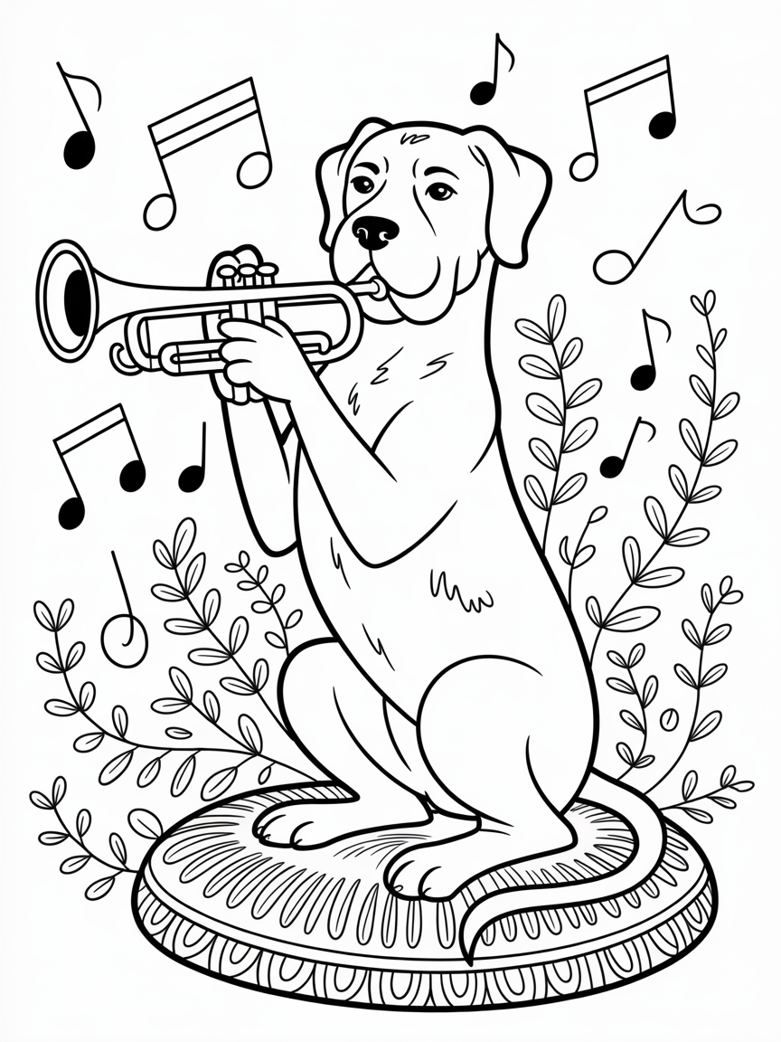 A dog (cane corso x german poodle) playing a trumpet! - Free Coloring Page