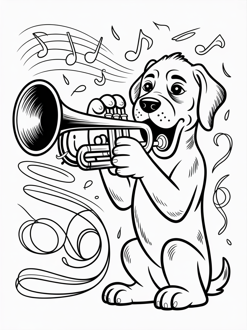 A dog (cane corso x german poodle) playing a trumpet colour by number! - Free Coloring Page