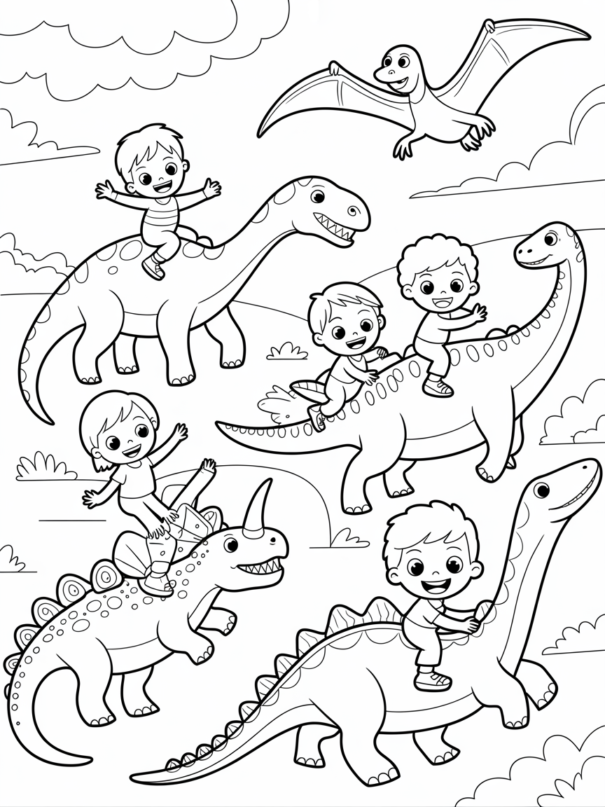 Dinosaur rides - Free Coloring Page