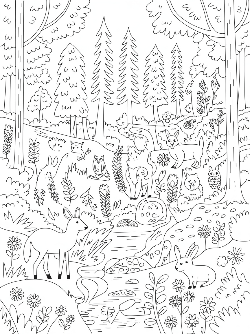 A forest with woodland animals - Free Coloring Page