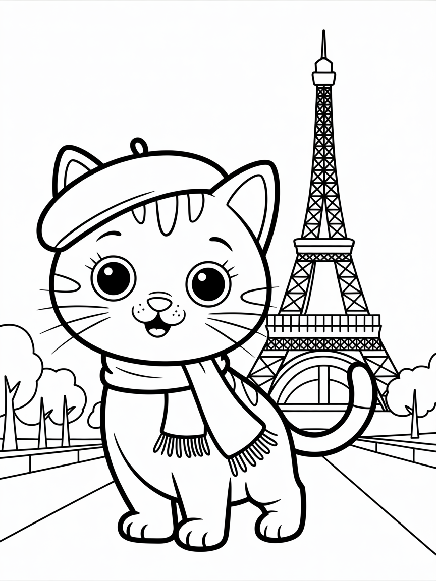 a cute cat in paris - Free Coloring Page