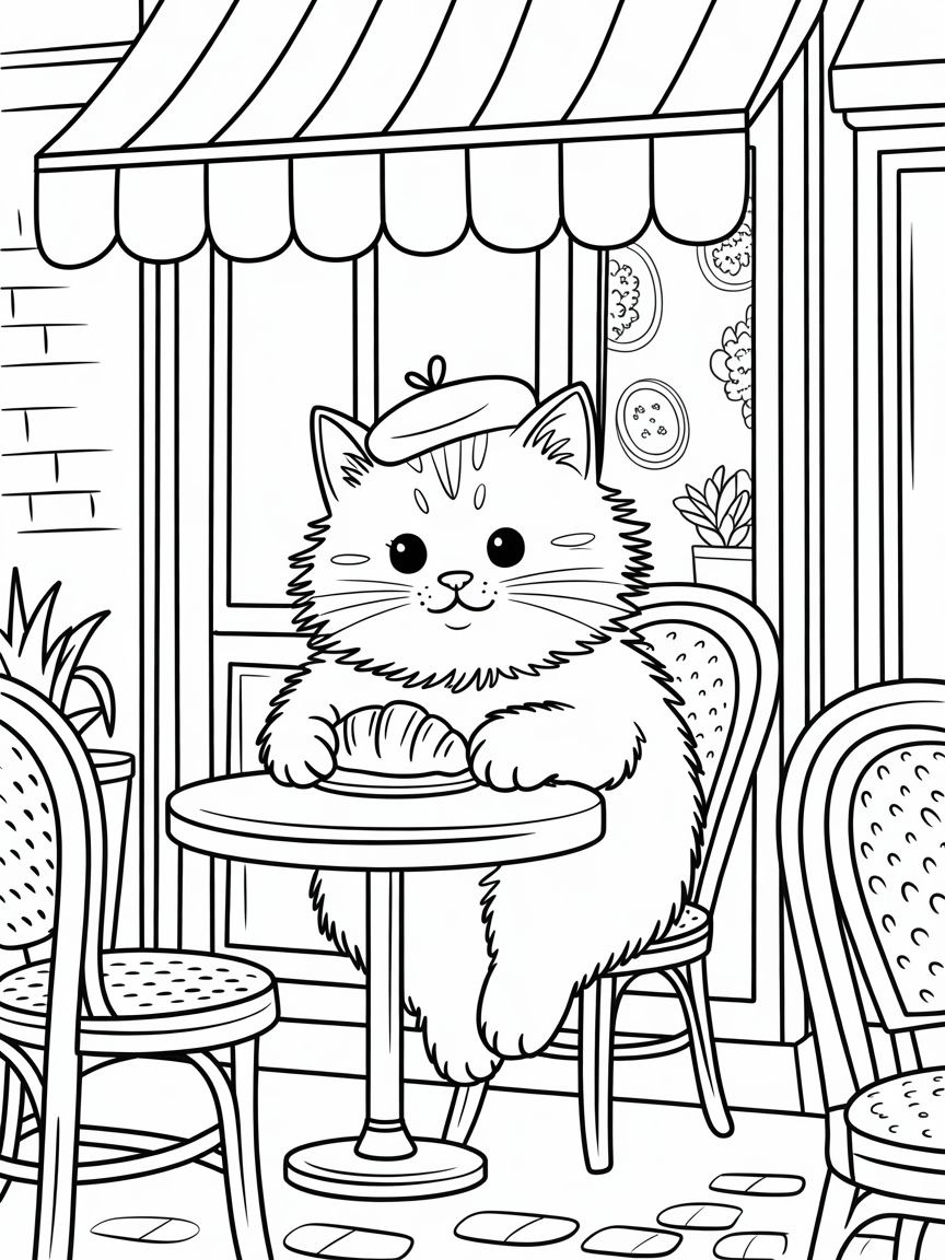a cute cat in paris, sitting in the coffee shop on the street - Free Coloring Page