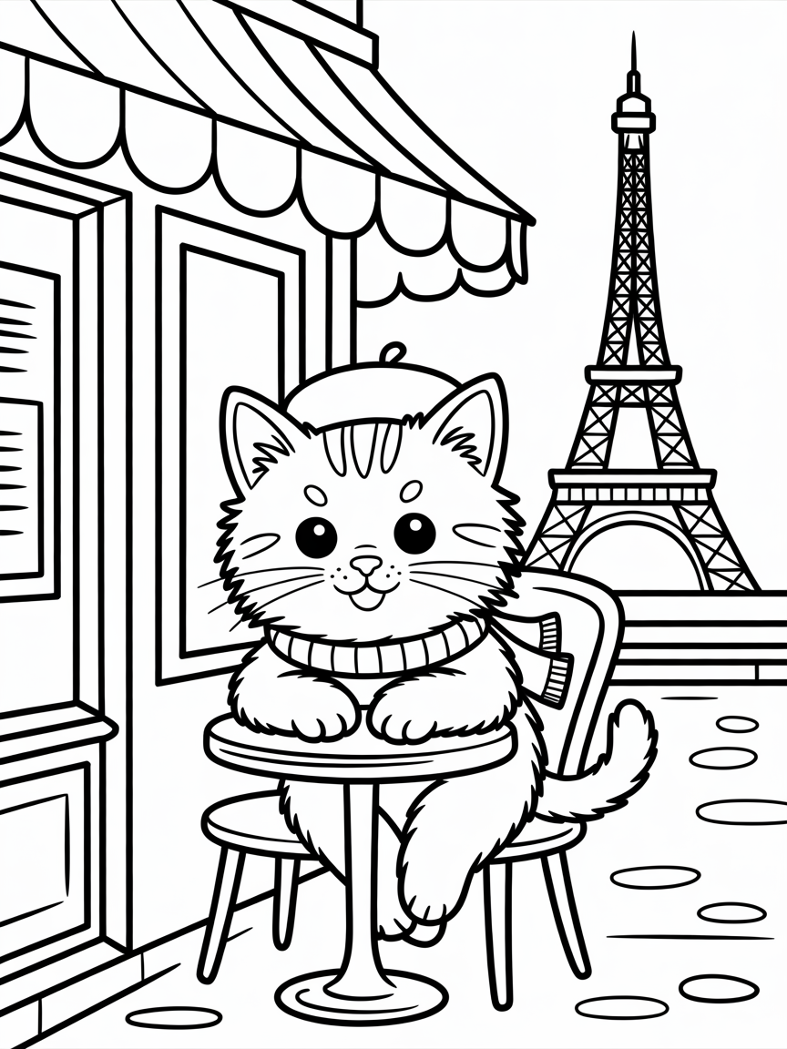 a cute cat in paris, sitting in the coffee shop on the street, background eifel tower - Free Coloring Page