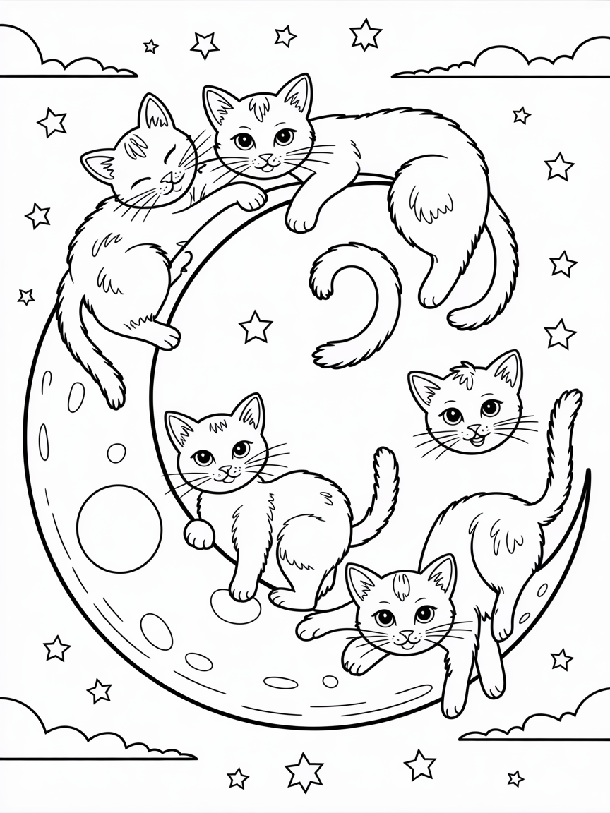 Black cats on the moon - Free Coloring Page