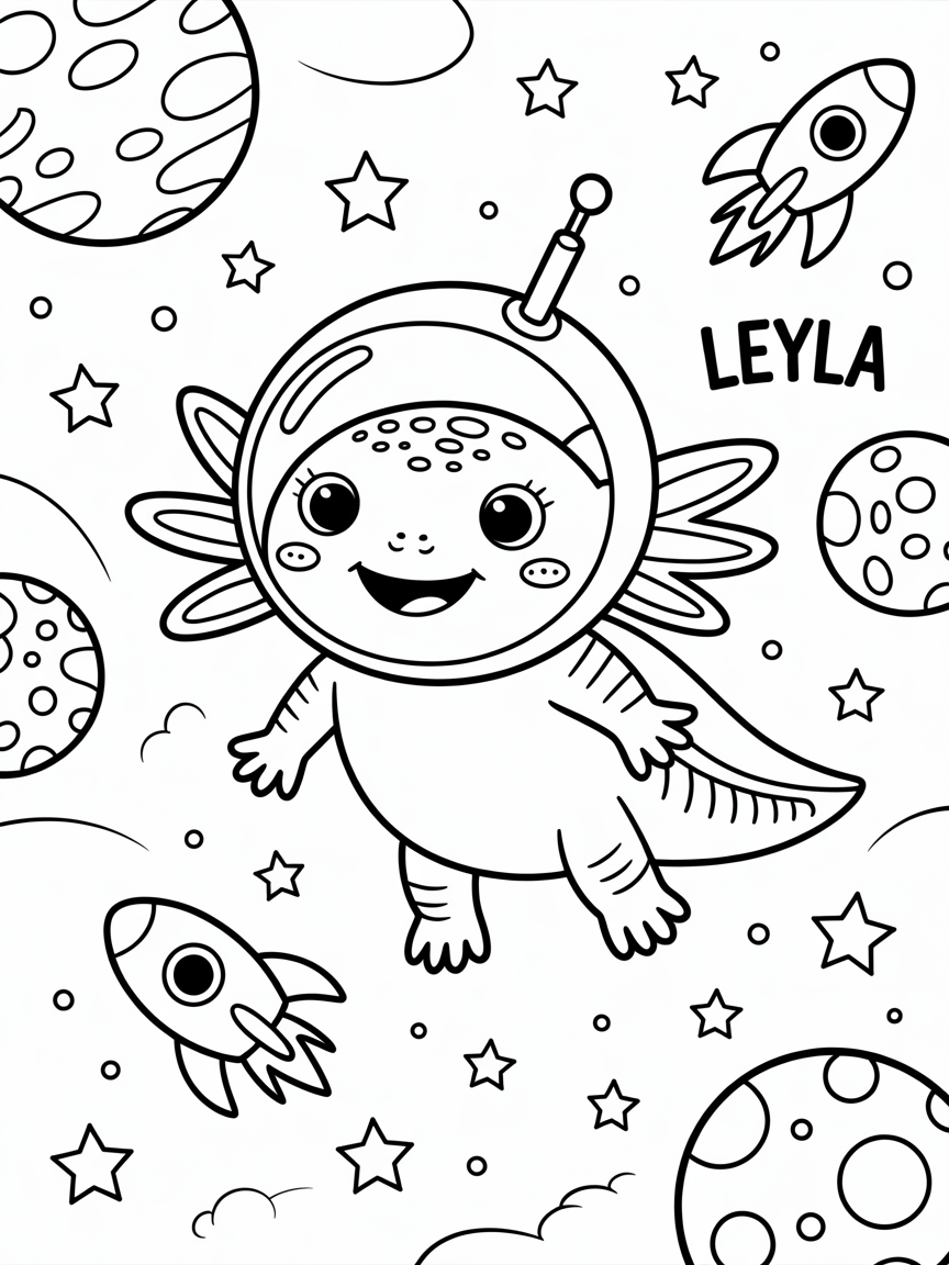 Space axolotl with the name 'Leyla' - Free Coloring Page
