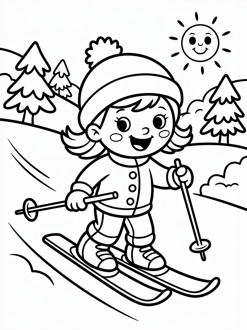Girl skiing - Free Coloring Page